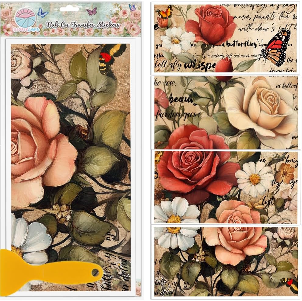 GLOBLELAND 4 Sheets Vintage Flowers Rub on Transfers Rose and Daisy Furniture Decor Transfers Sticker UV Transfers Decal Craft for Bedroom Living Room Desk Table Decoration