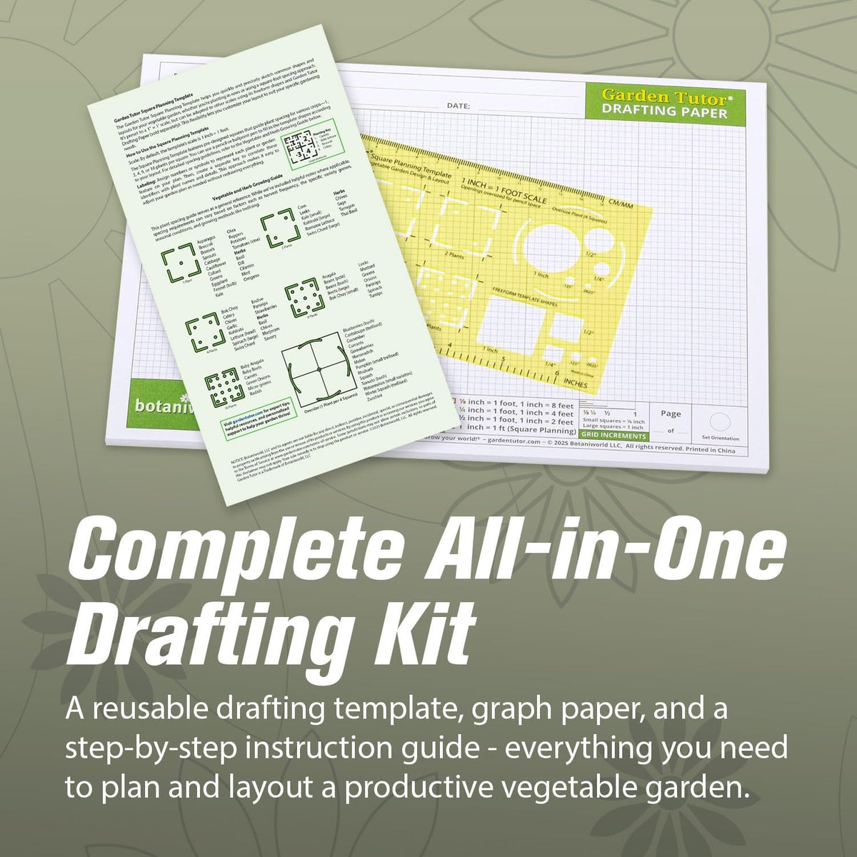 Garden Tutor Square Planning & Drafting Kit – Plan High-Yield Vegetable Gardens with Durable Stencil, Graph Paper & Guide for Grid or Row Designs