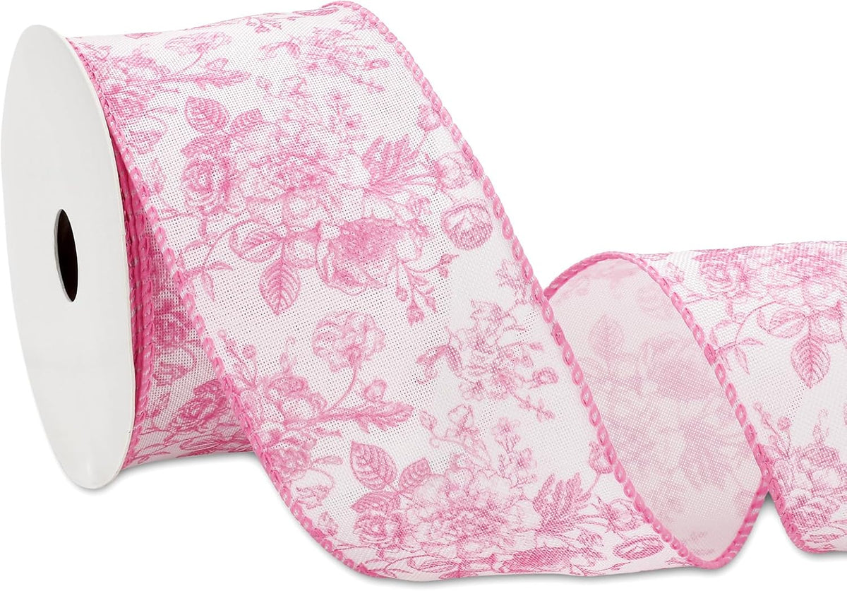 AnyDesign Floral Wired Edge Ribbon Roll Pink Flower Ribbon Chinoiserie Fabric Ribbon for Wreath Bow Making DIY Crafts Gift Wrapping, 12 Yard