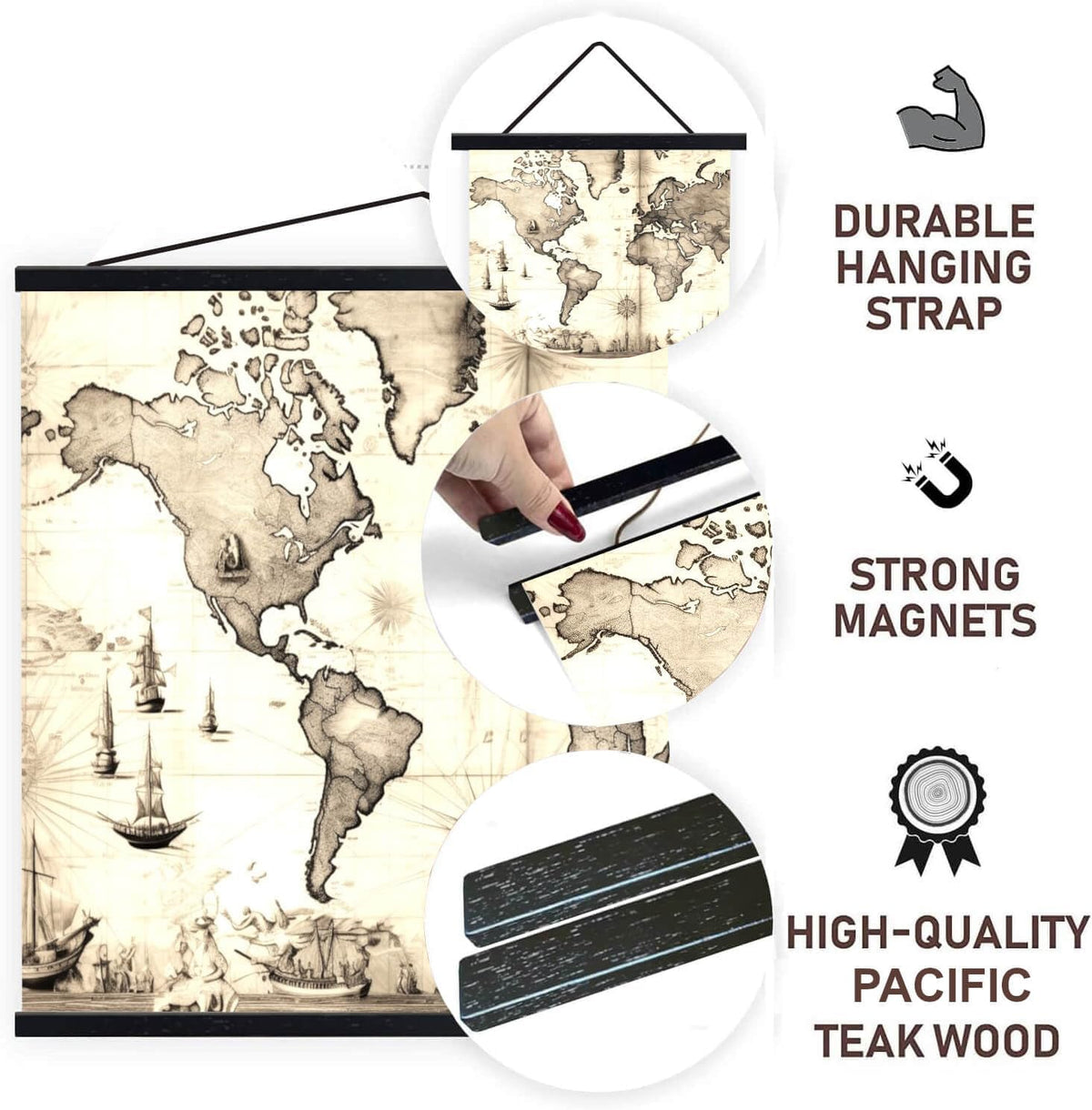 DACRI HOME 62" Magnetic Poster Hanger Frame - Sturdy Teak Wood Poster Frame, Strong Magnets for Safe Hanging Map Picture Print Scroll Wall Art 62x24 62x36 62x42 (62 Inch, Black)