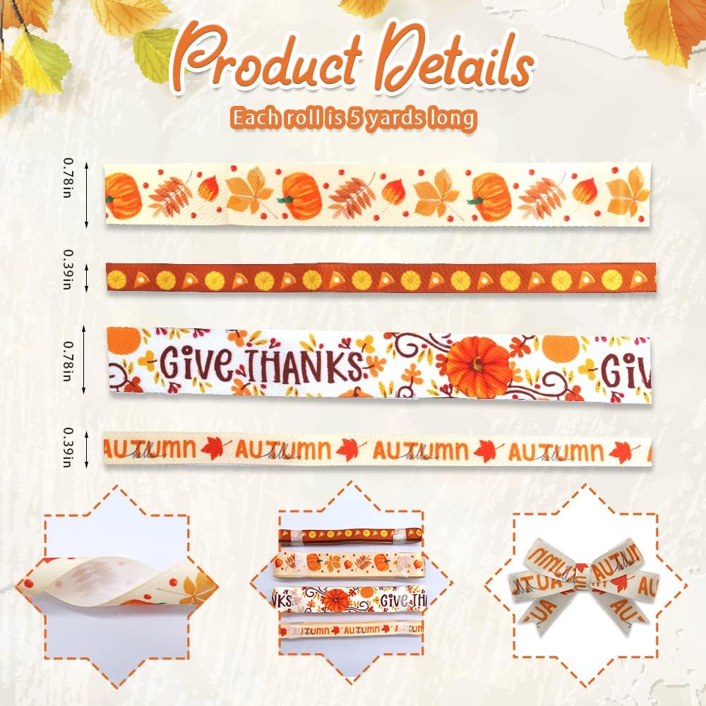 4 PCS Thanksgiving Fall Ribbons Pumpkin Leaves Printed Grosgrain Ribbons White Orange Ribbon Hello Autumn Craft Ribbons for Gift Wrapping Fall Thanksgiving Decor (20 Yards, 0.78''&0.39'')