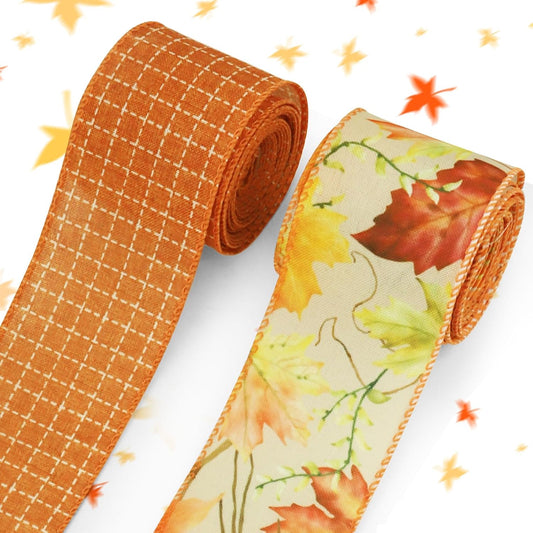 Threetols 2 Rolls 10 Yards Fall Wired Edge Ribbons, 2.5inch Orange Plaid Burlap Ribbon, Autumn Maple Leaves Ribbon for Harvest Thanksgiving Party DIY Craft Fall Wreath Bow Decor