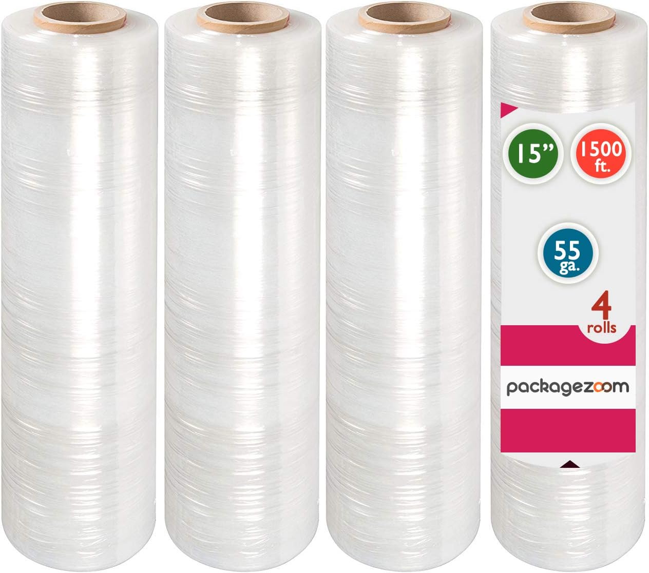 PackageZoom 4 Rolls 15" x 1500 Ft Stretch Wrap Heavy Duty, 55 Gauge High Performance Stretch Film Replaces 80 Gauge Low Films, Clear Hand Stretch Wrap