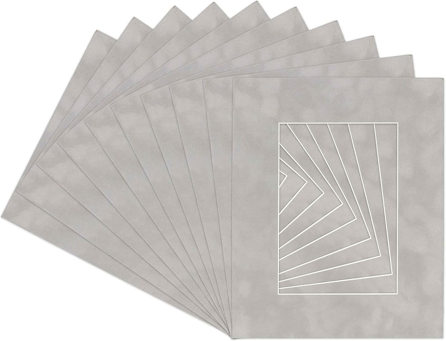 Pack of Ten Acid Free 8x10 Mats Bevel Cut for 5.5x8.5 Photos - Light Grey Suede Precut Matboards With Backing Boards and Self Seal Photo Mat Bags For Pictures, Photos, Framing - 4-ply Thickness
