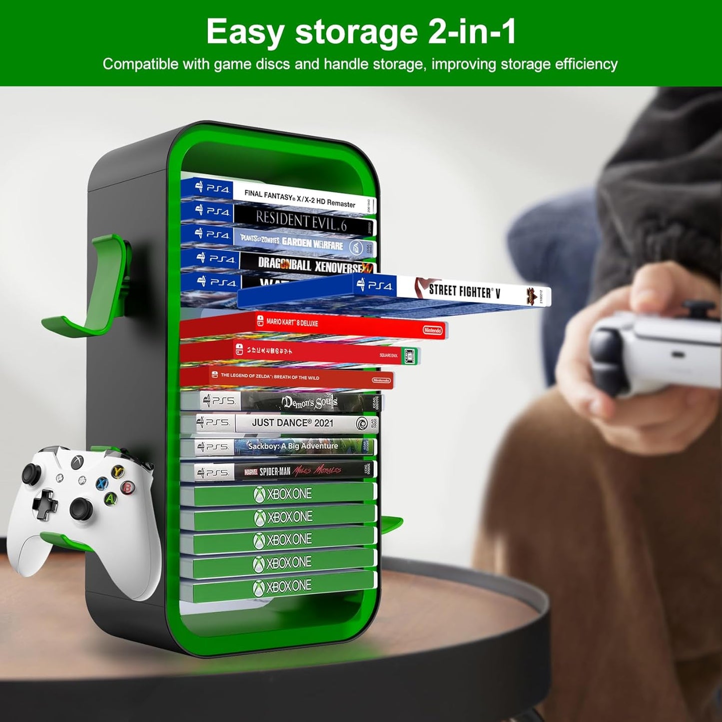 wigmoa OYO-1【15.8INCH】 game Storage Tower Compatible with PS5/ Xbox Series S & X/Switch, Universal Video Games Discs Organizers 18 PCS with 4 Controllers Holder, Game Disk Box Stand. (Black/Green)