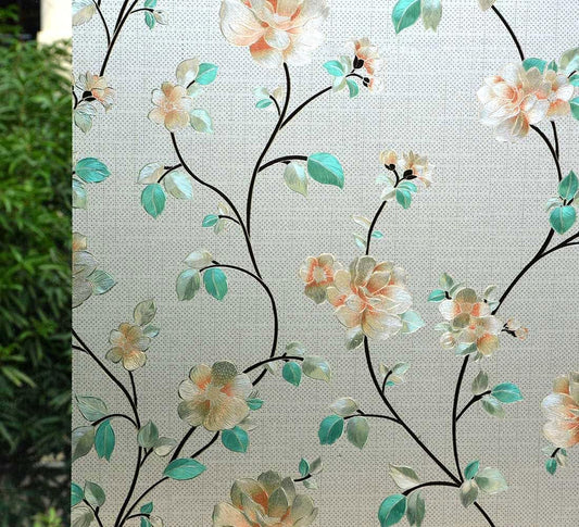 VSUDO Static Cling Decorative Window Privacy Film – Frosted Privacy Window Film with Jasmine Floral & Stained Glass Design, Adhesive-Free Tint for Home, Bathroom & Office (29.5" x 78.7")