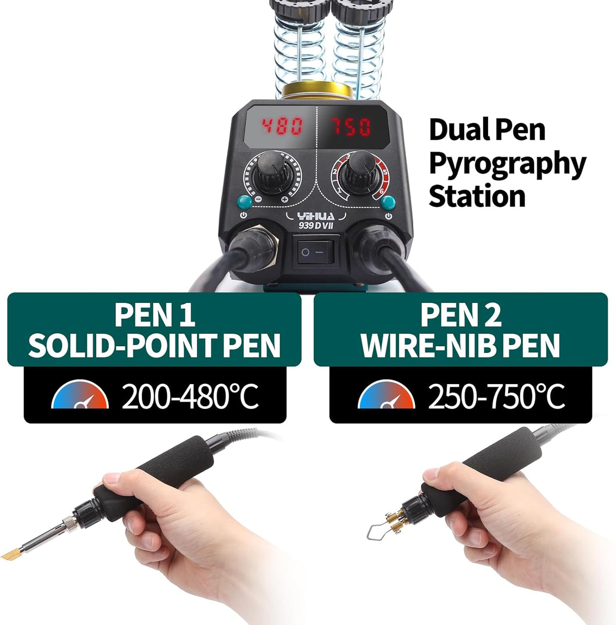 YIHUA 939D-VII Pyrography Tool Wood Burning Pen Kit Station 2-in-1 Solid-Point 200~480°C (with Temp Display)/Wire-Nib 250~750°C with 23 Nibs, 50 Solid Points, 6 Woodpieces