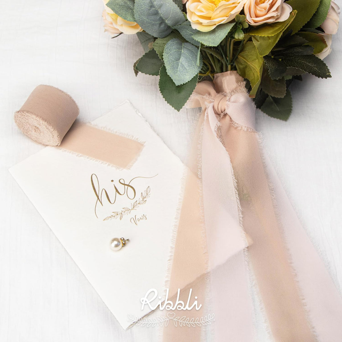 Ribbli Beige Chiffon Ribbon 1-1/2 inch x 20 Yard Handmade Fringe Silk Ribbon for Wedding Invitations, Bridal Bouquets Wrapping, Flower Arrangement Decoration