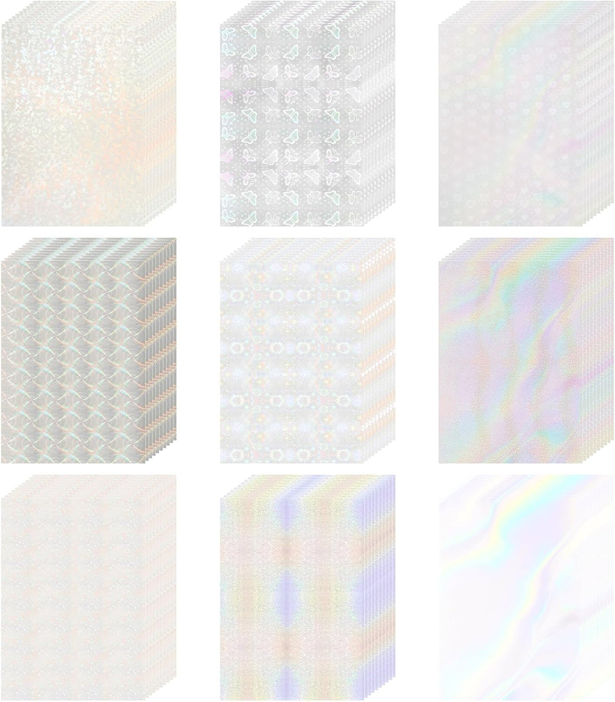 STARVAST 90 Sheets Holographic Sticker Paper, Transparent Holographic Vinyl Laminate Sheets, Self Adhesive A4 Size Printable Holographic Paper with Gem Rainbow Spot Star Patterns