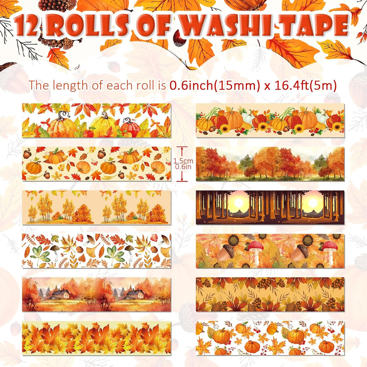 12 Rolls Autumn Washi Tape Set, Fall Maple Leaves Pumpkin Sunflower Thanksgiving Decorative Tape for Bullet Journal, Planner, DIY Arts Crafts, Scrapbooking, Gift Wrapping 16.4FT