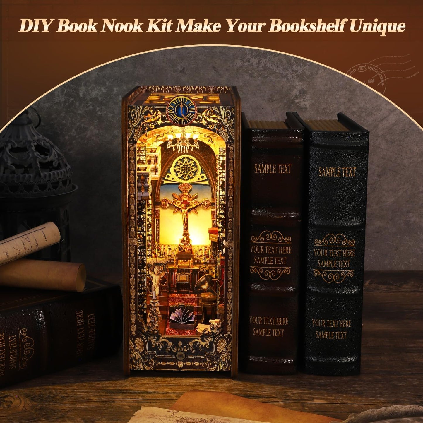 Spobot Book Nook Kit DIY Bookshelf Decor Kit with LED Light 3D Booknook Wooden Puzzle Bookend Stand Miniature Dollhouse Kit Gifts for Adults (Covenant Church)