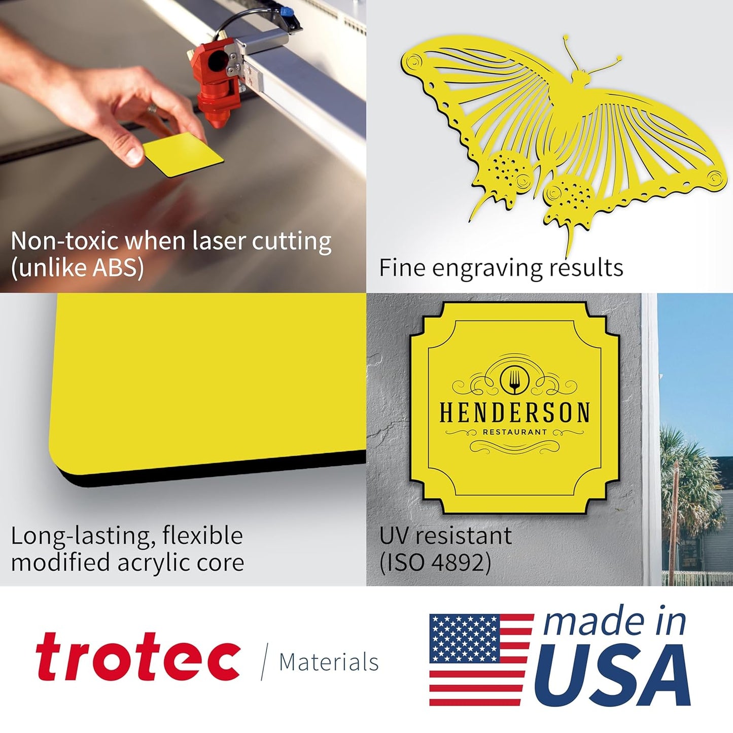 Trotec TroLase | 12"x24"x1/8", 4 Pcs | Yellow/Black | 2 Ply | Modified Acrylic | Laser Engraving Double Color Plastic Sheet | Engraving Blanks for Laser, Saw, Guillotine | Made in USA