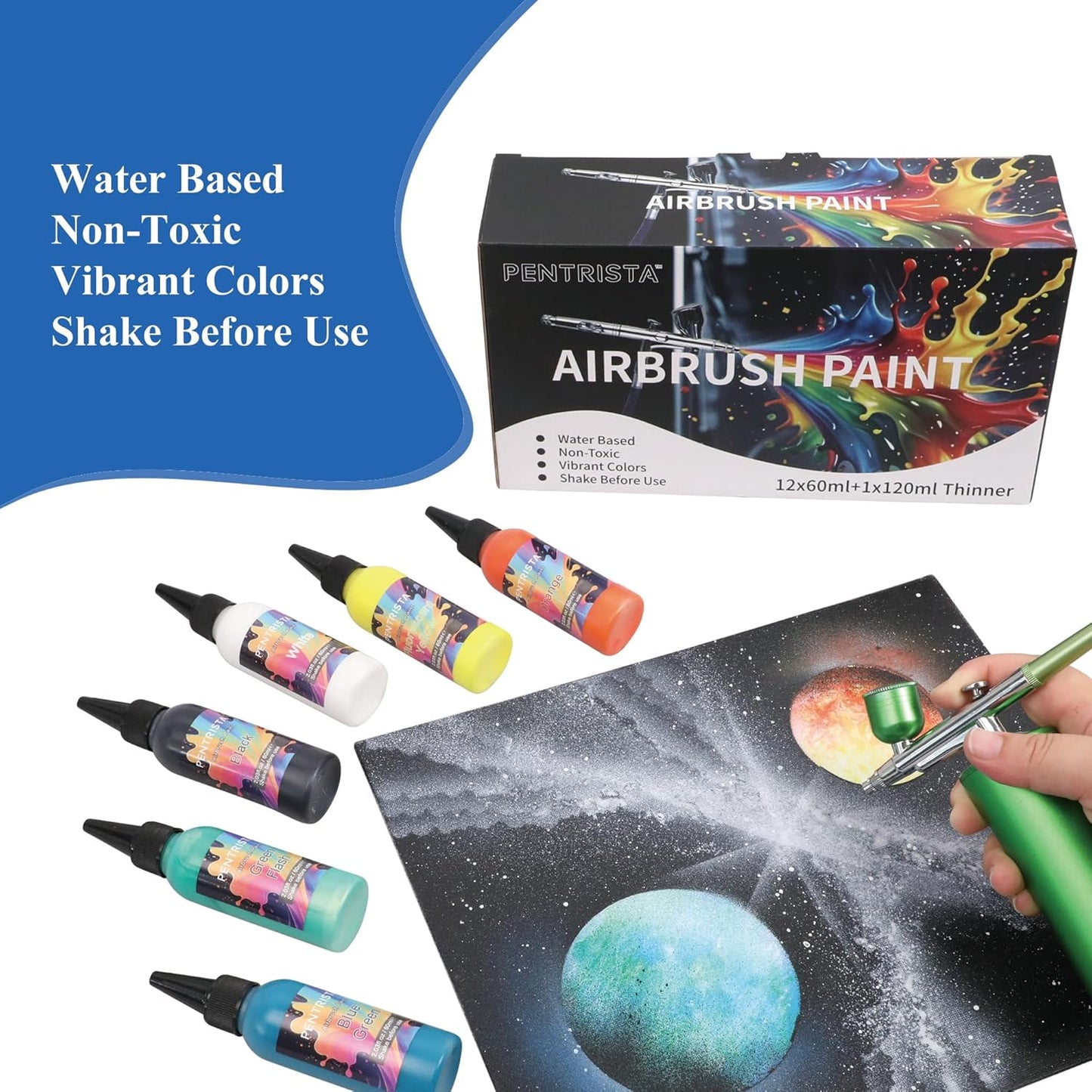 PENTRISTA 24-Color Airbrush Paint Set (60 ml/2.03 oz)with 2 Thinner - Ultra-Smooth Flow Air Brush Paints,Non-Toxic & Quick-Drying Formula Acrylic Airbrush Paint Kit for Art Crafts Hobbyist and Artists