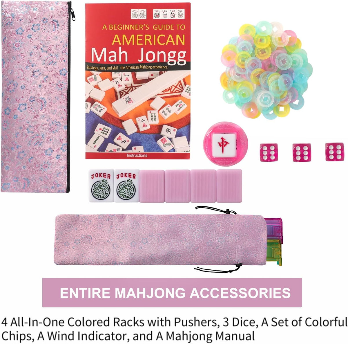 American Mahjong Game Set, 166 Pink Tiles, Pink Bag and Entire Accessories, 4 All-in-One Rack/Pushers, Mahjong Tiles Set