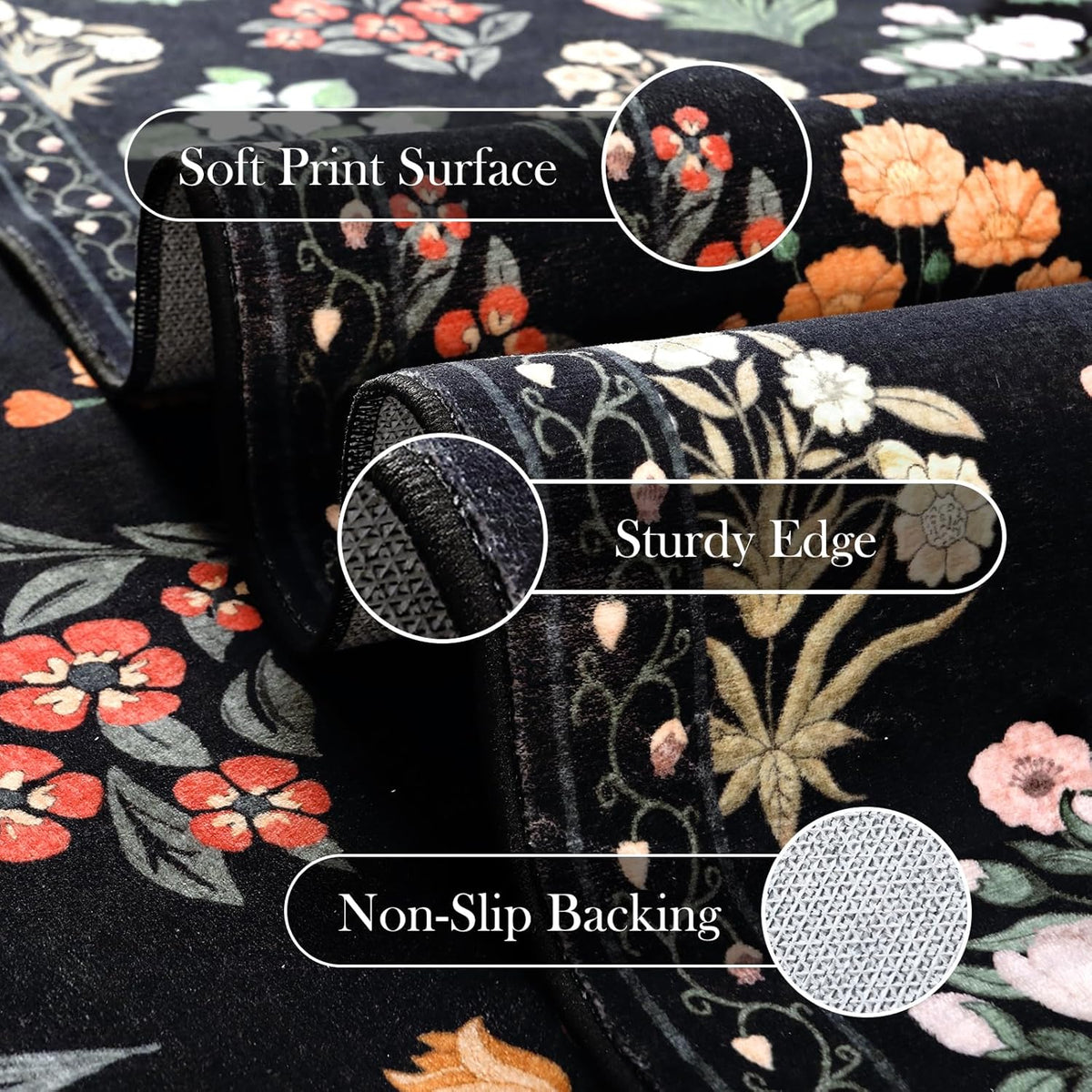 Wonnitar Washable 3x5 Area Rug, Floral Print Rugs for Entryway Indoor, Stain Resistant Moroccan Trellis Small Throw Carpet for Kitchen Laundry Dorm Office, Black/Multi