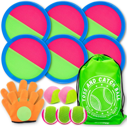 Toss and Catch Ball Set, Outdoor Games, Beach/Backyard/Lawn Games, Paddle Ball and Catch Game, Gifts for Kids/Adults/Family (6 Paddles, 4 Balls/Catching Gloves/Carrying Bag)