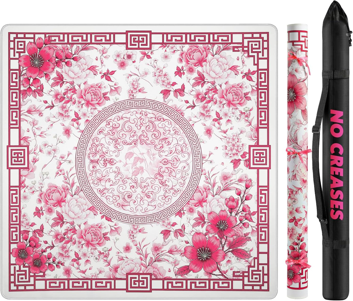 Mahjong Mat for Table 33x33 Inch, No-Crease, Anti-Slip, Noise-Reducing American Mahjong Mat, Mahjong Table Mat with Carry Bag, Neoprene Mahjong Mat for Poker, Card, Board(Pink)