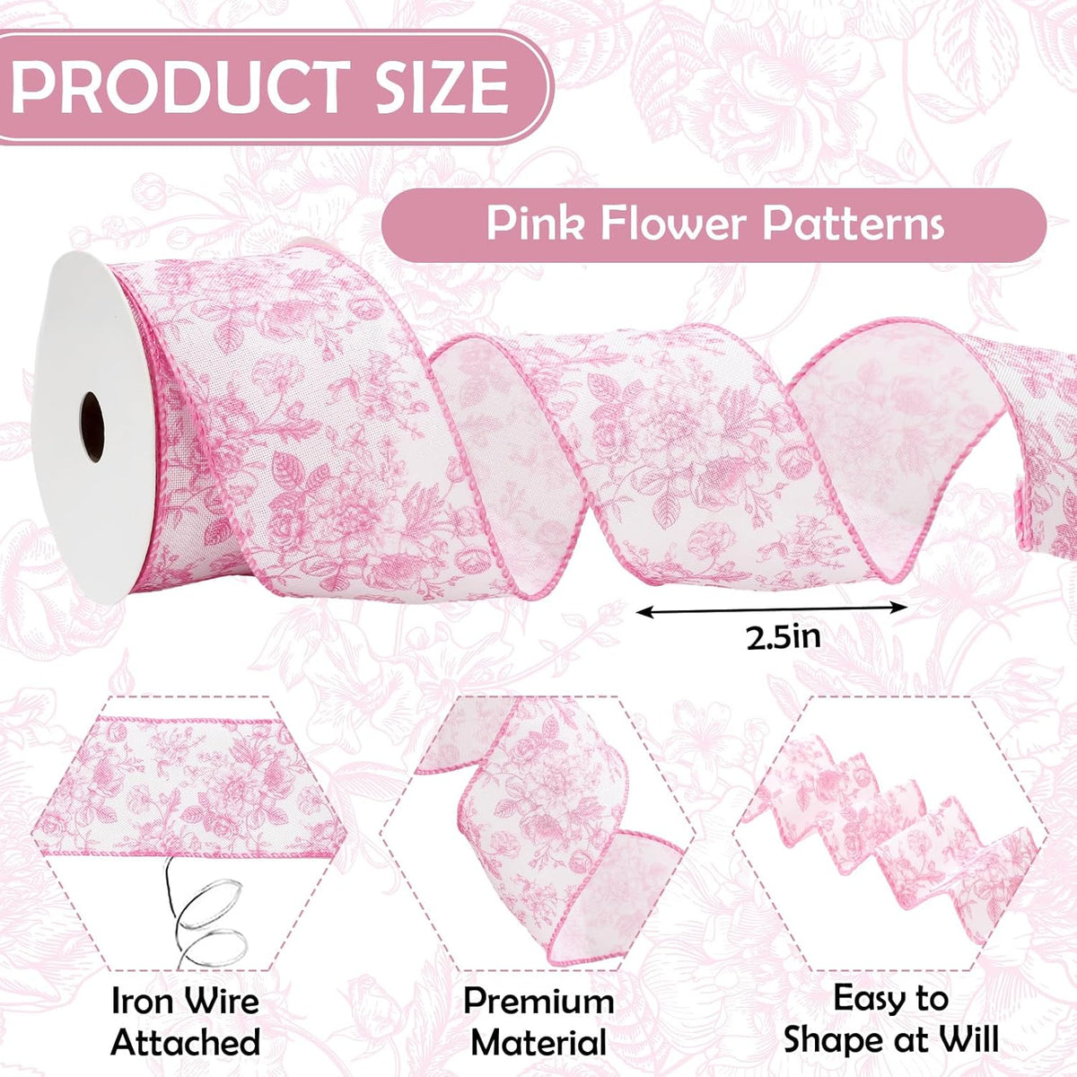 AnyDesign Floral Wired Edge Ribbon Roll Pink Flower Ribbon Chinoiserie Fabric Ribbon for Wreath Bow Making DIY Crafts Gift Wrapping, 12 Yard