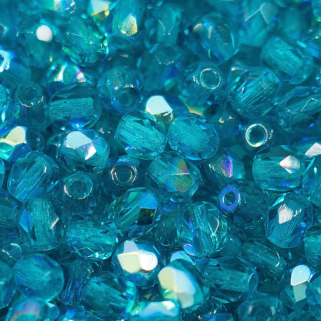 100pcs Faceted Fire Polished Pressed Czech Glass Beads 4mm (0.16in), Aqua Blue AB 60150-27801