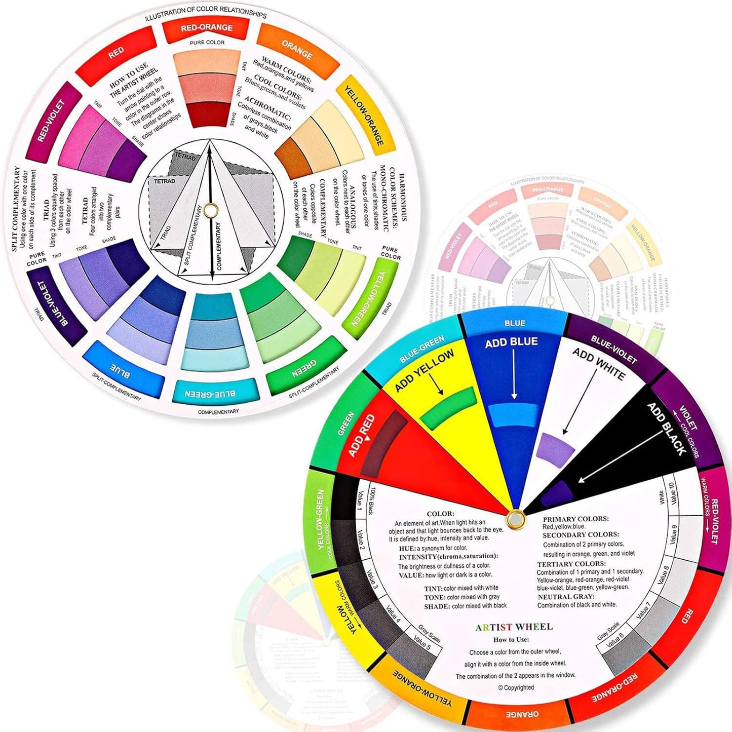 Outus 2 Pcs Color Wheel, Paint Mixing Learning Guide Art Teaching Tool Color Wheels for Makeup Blending Board Chart Mixed Guide Mix Colours(5.5 Inch/ 14 cm)