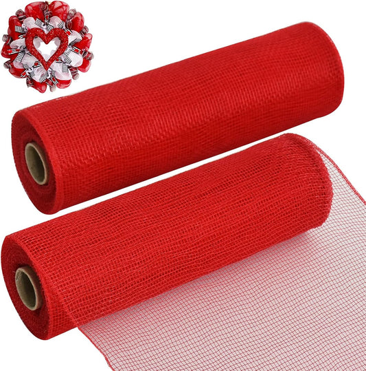 TONIFUL 2 Rolls 10 Inch Red Decorative Mesh Ribbbon Rolls, Fabric Mesh for Mesh Wreath Supplies, Front Door Wreath Crafts Tree Decor Christmas NewYears Halloween Decoration (10 yds/roll)