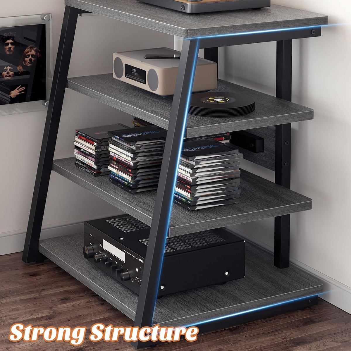 AV Media Stand with Outlets, Media Console with LED Lights, Stereo Racks and Stands with Storage Shelves, Media Audio Tower Stand, Light Grey Walnut