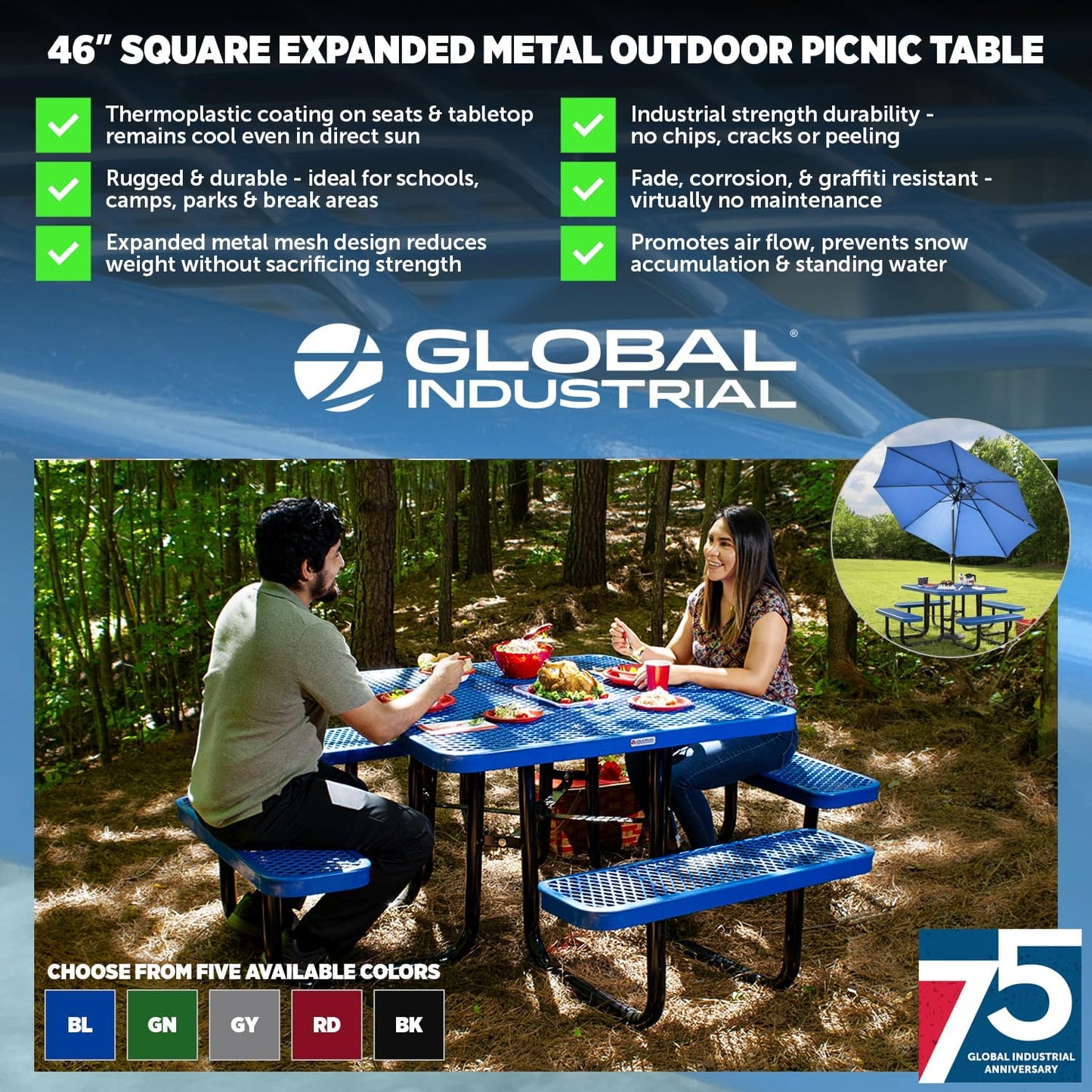 Global Industrial 46" Square Picnic Table, Expanded Metal, Green Thermoplastic Coating, Attached Benches, 1-1/2” Umbrella Pole Hole, Outdoor-Rated, 1000 lb Capacity