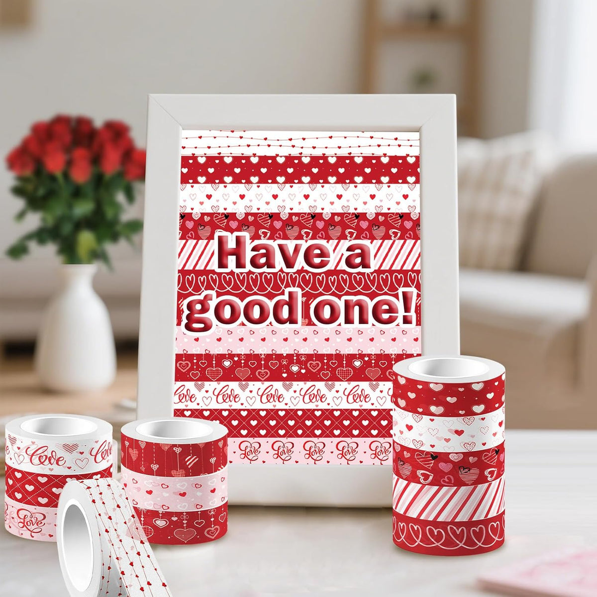 12 Rolls Love Heart Washi Tape Set, Red Stripe Checked Masking Tapes, Red Heart Decorative Tape for Journaling Supplies, Wedding Party, Junk Journal, Scrapbooking, Planner, DIY Arts Crafts 16.4FT