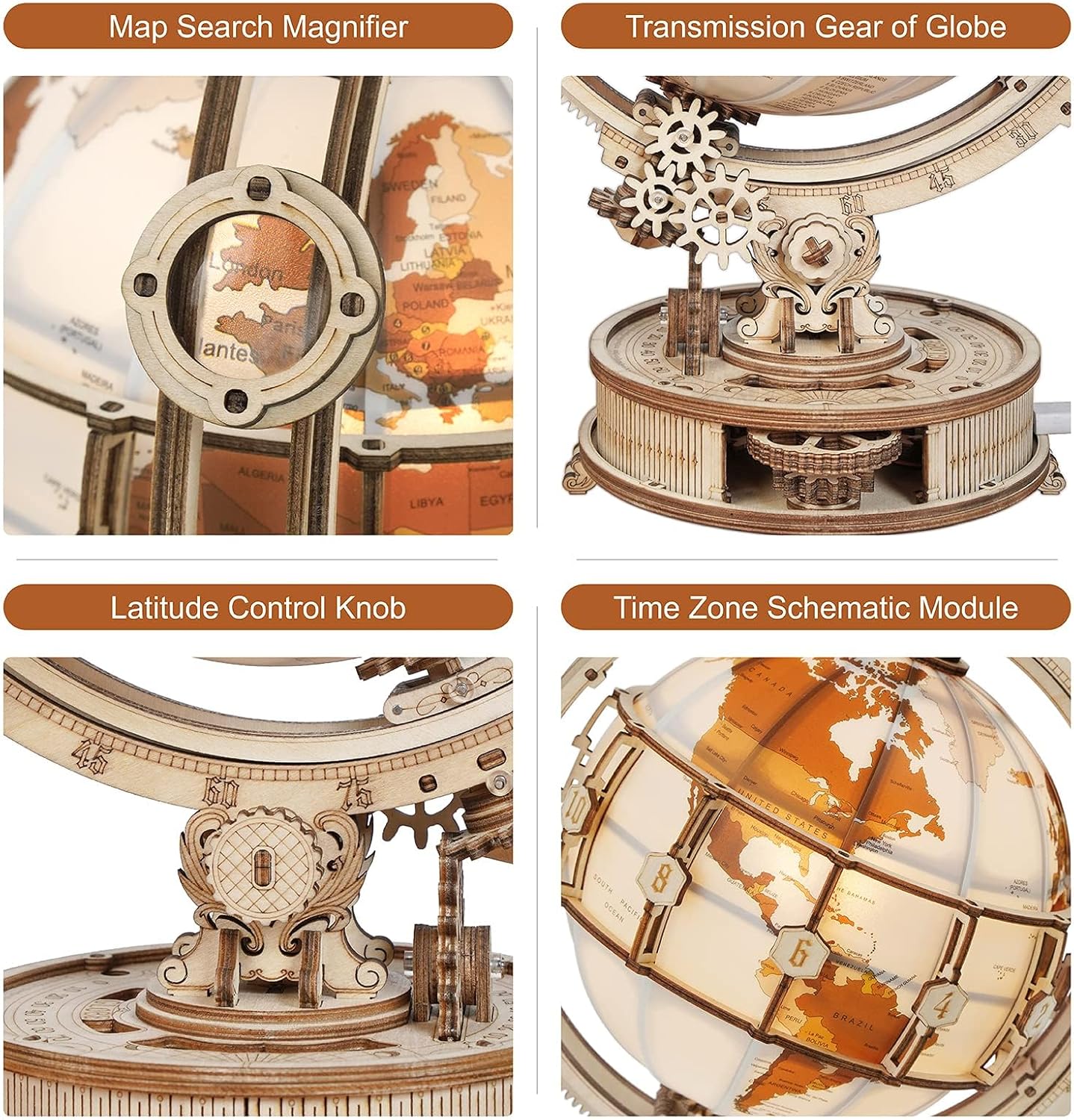 ROKR 3D Wooden Puzzles for Adults Illuminated Globe with Stand 180pcs 3D Puzzles Built-in LED Model Kit Hobby Gifts for Adults Home Decor