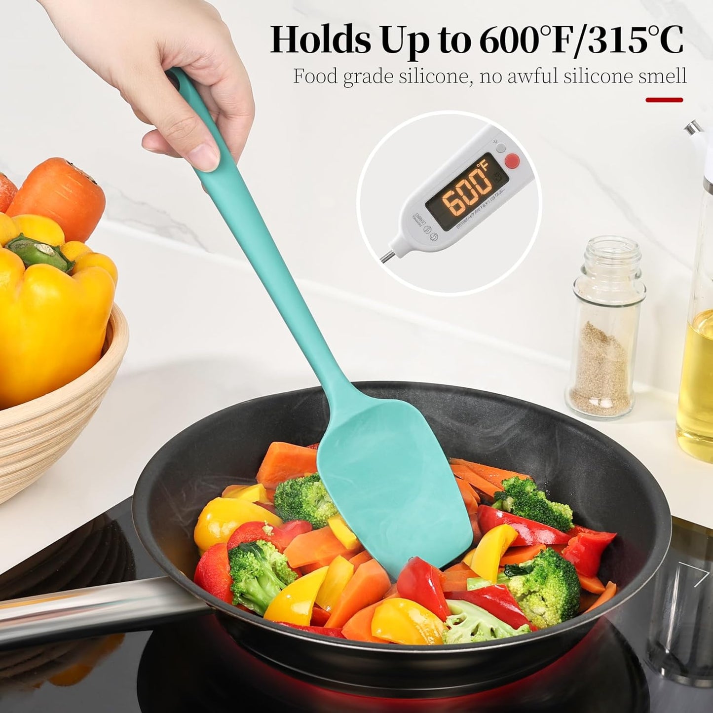 600ºF Heat Resistant Spatulas, High Heat Food Safe Semless Kitchen Silicone Scraper Set for Cooking Baking Mixing Scraping Stirring Nonstick Cookware Pan Bowl (3Pcs,Aqua Sky)