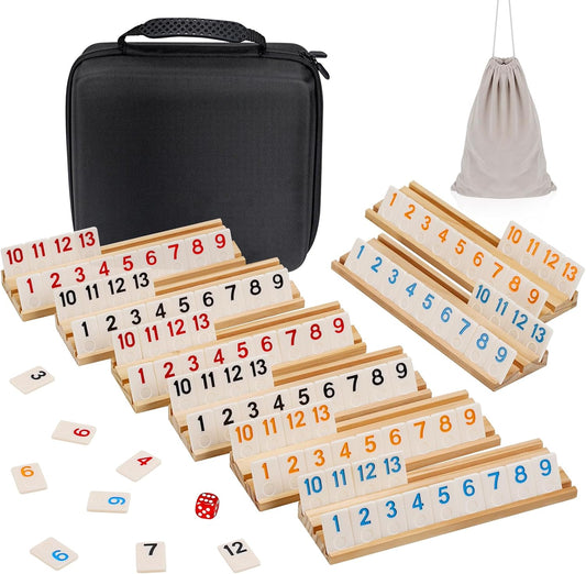 Upgraded 6-8 Players Rummy Cube Board Game Set with 8 Wooden Racks, 214 Tiles, Portable Case, Drawstring Bag and Dice, for Adults Friends Night Gifts Travel Party Sharpens Brain