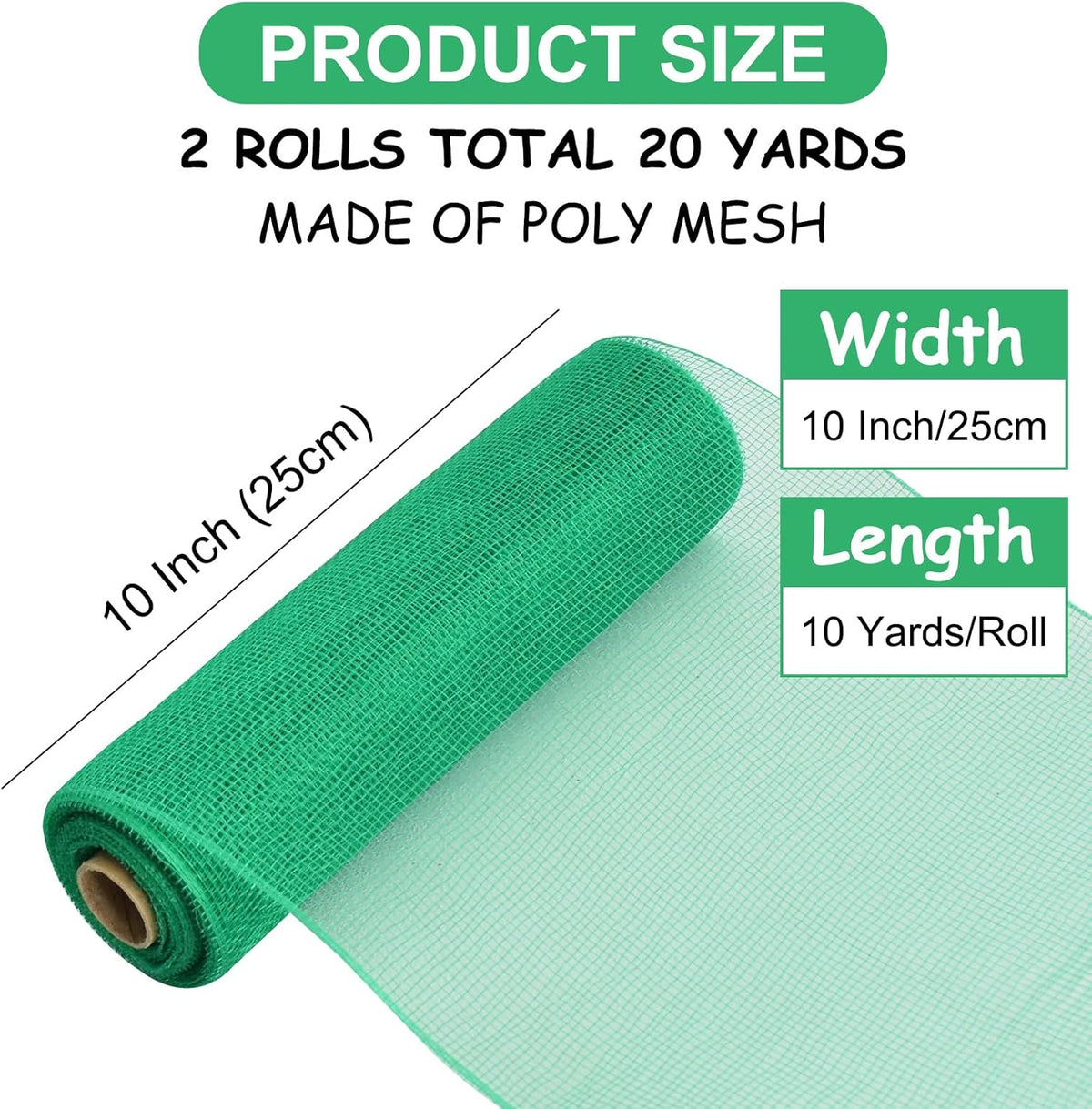 TONIFUL 2 Rolls 10 Inch Green Decorative Mesh Ribbbon Rolls, Fabric Mesh for Mesh Wreath Supplies, Front Door Wreath Crafts Tree Decor Christmas NewYears Halloween Decoration (10 yds/roll)