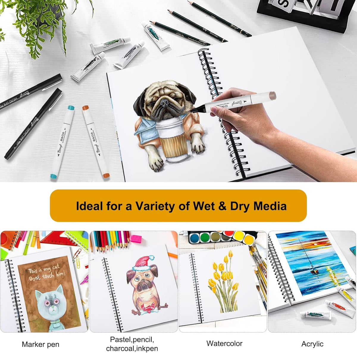 Bianyo Mixed Media Paper Pad, A4 (8.26" X 11.69"), 60 Sheets/Each, 123 LB/200 GSM, Pack of 1 Pad, Spiral-Bound Pad, Ideal for Wet & Dry Media Like Art Marker, Watercolor, Acrylic, Pastel, Pencil