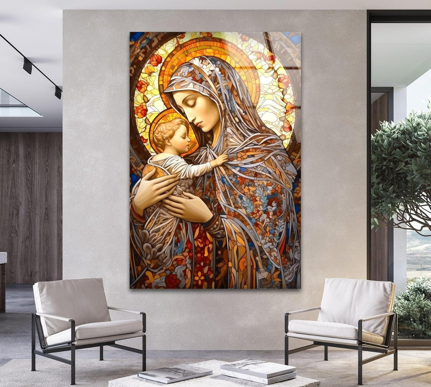 My Photostation.com 27Wx43H'' Jesus and Virgin Mary Glass Wall Art Tempered Glass Printing Wall Decor Large Wall Art Wall Hangings
