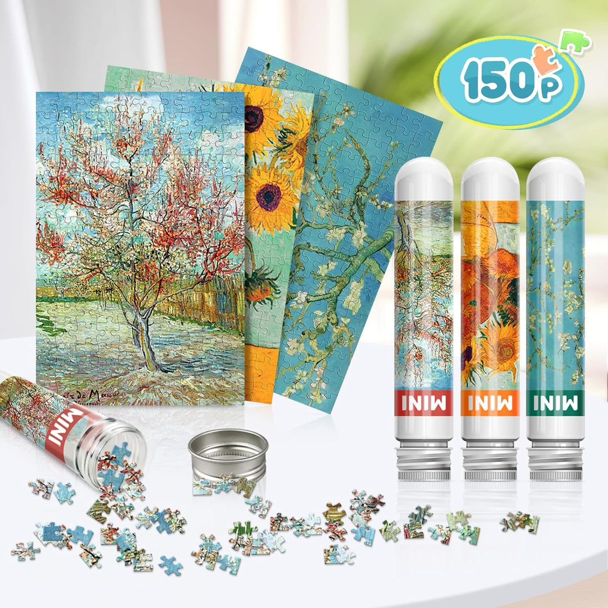 150 Pieces Mini Jigsaw Puzzles for Adults & Kids, 6" x 4" Small Jigsaw Puzzles Capsule Tube Jigsaw Puzzles Intelligent Game, Branches Of An Almond Tree In Blossom The Pink Peach Tree Sunflowers 3 Pack
