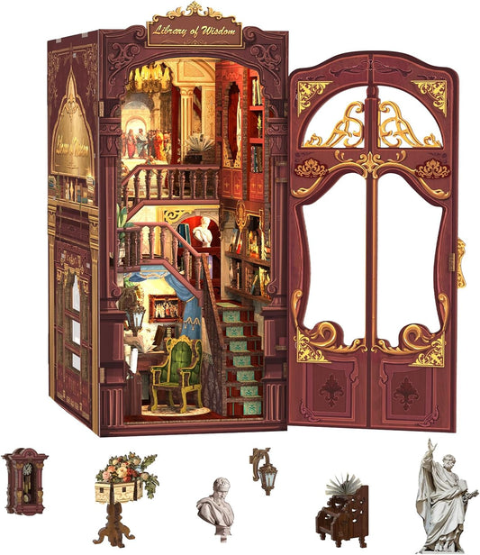 Fsolis Book Nook Kits, DIY Miniature House Kit 3D Puzzles for Adults Tiny House Mini Craft Bookshelf Nook Decor Gifts for Women Teenagers Book Lovers (Library of Wisdom)