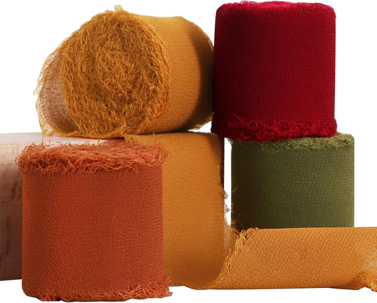 TONIFUL 4 Rolls Silk Chiffon Ribbon 1-1/2 Inch x 22 Yards,Orange Moss Brown Khaki Handmade Fringe Ribbon for Gift Wrapping Flowral Thanksgiving Christmas Wreath Tree Autumn-Themed Party Decoration
