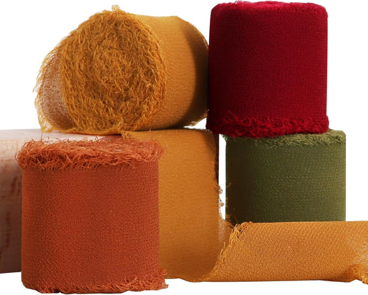 TONIFUL 4 Rolls Silk Chiffon Ribbon 1-1/2 Inch x 22 Yards,Orange Moss Brown Khaki Handmade Fringe Ribbon for Gift Wrapping Flowral Thanksgiving Christmas Wreath Tree Autumn-Themed Party Decoration