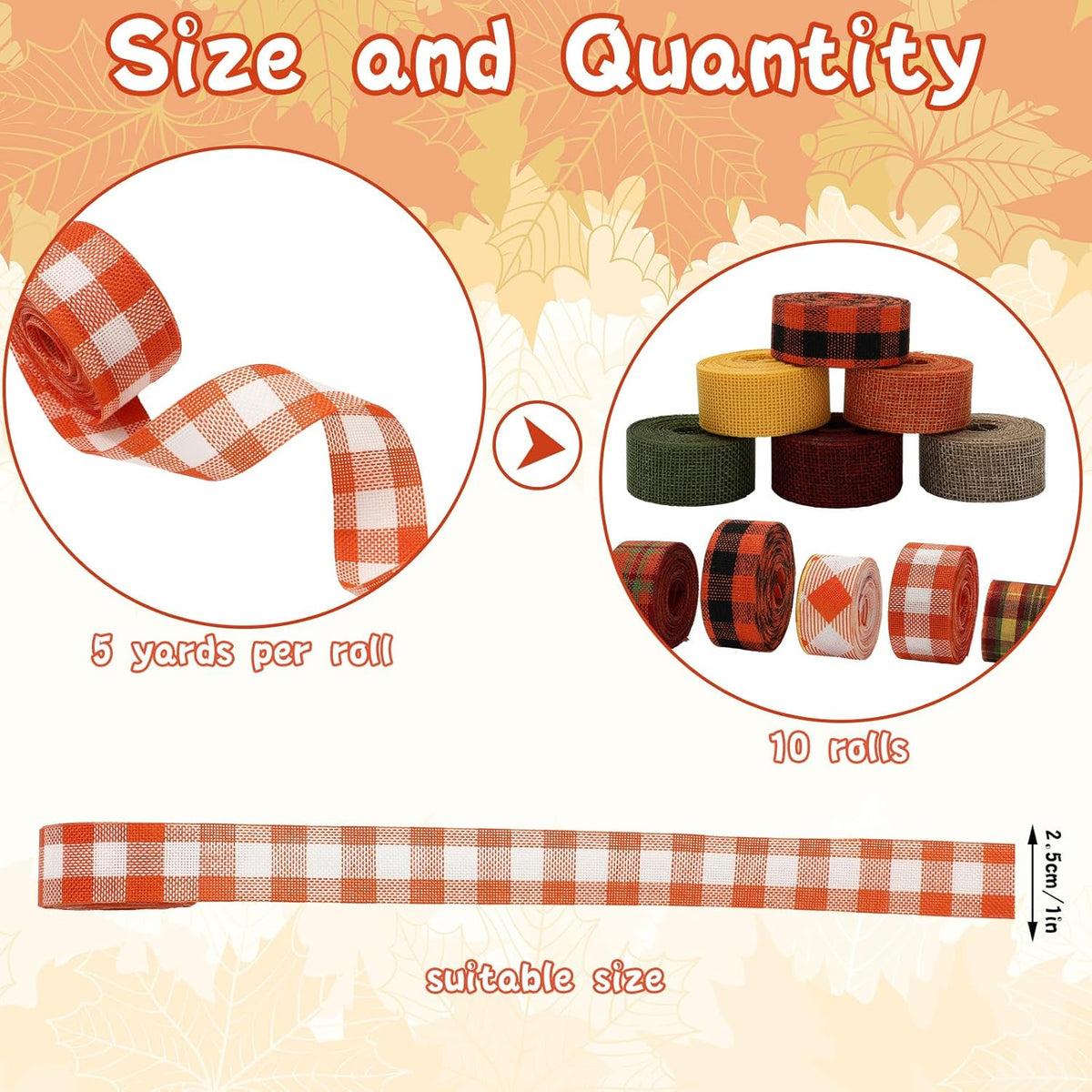 10 Rolls 50 Yard Fall Plaid Burlap Ribbon Rolls 1 Inch Autumn Gift Wrapping Ribbon Decorative for DIY Crafts Wreath Bow Making Supplies Home Decor