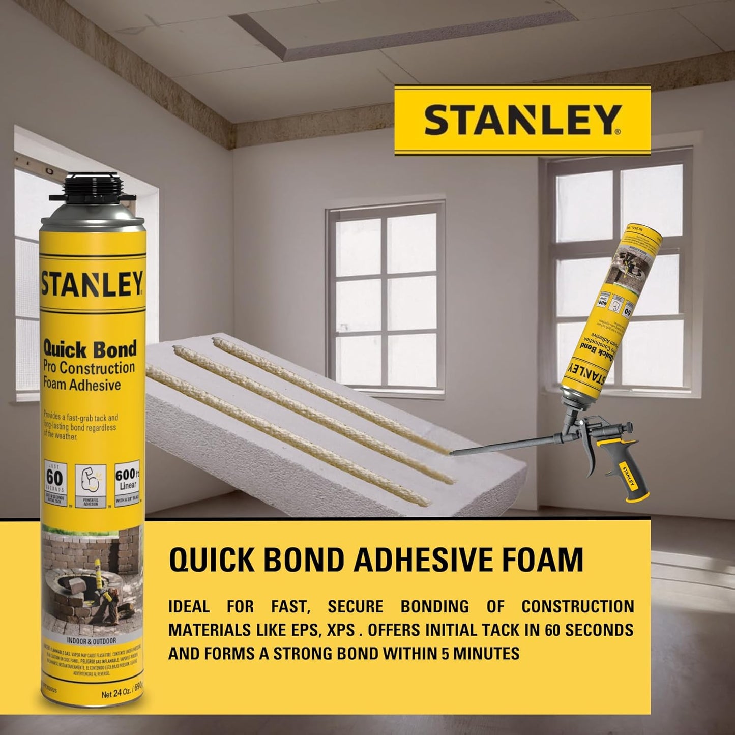 Stanley Quick Bond Adhesive Foam - 12x24oz, Reliable Bond Adhesive for Various Materials, Strong bonding, No Mixing, Gun Use, Gun NOT Included | 12 Pack