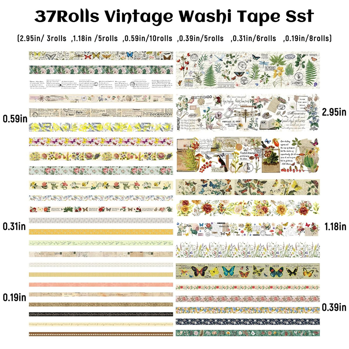 37 Rolls Vintage Washi Tape Set - Decorative Tape Floral Butterfly Mushroom Botanical,Adhesive Tape for Journaling Supplies,Scrapbooking,Junk Journal Supplies5/8/10/15/30/75mm Wide9.84ft Long/Roll