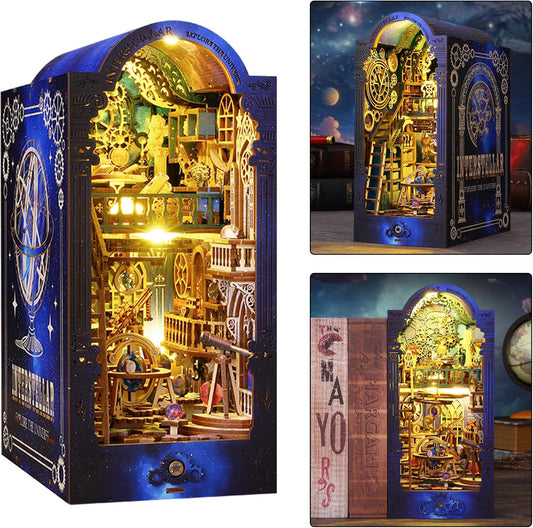ISSEVE Book Nook Kit, 3D Wooden Puzzle DIY Miniature House Kit for Booknook Shelf Insert Decoration, Magic Book House Stand Bookshelf Dollhouse for Adults with Sensor Light (Explore The Universe)