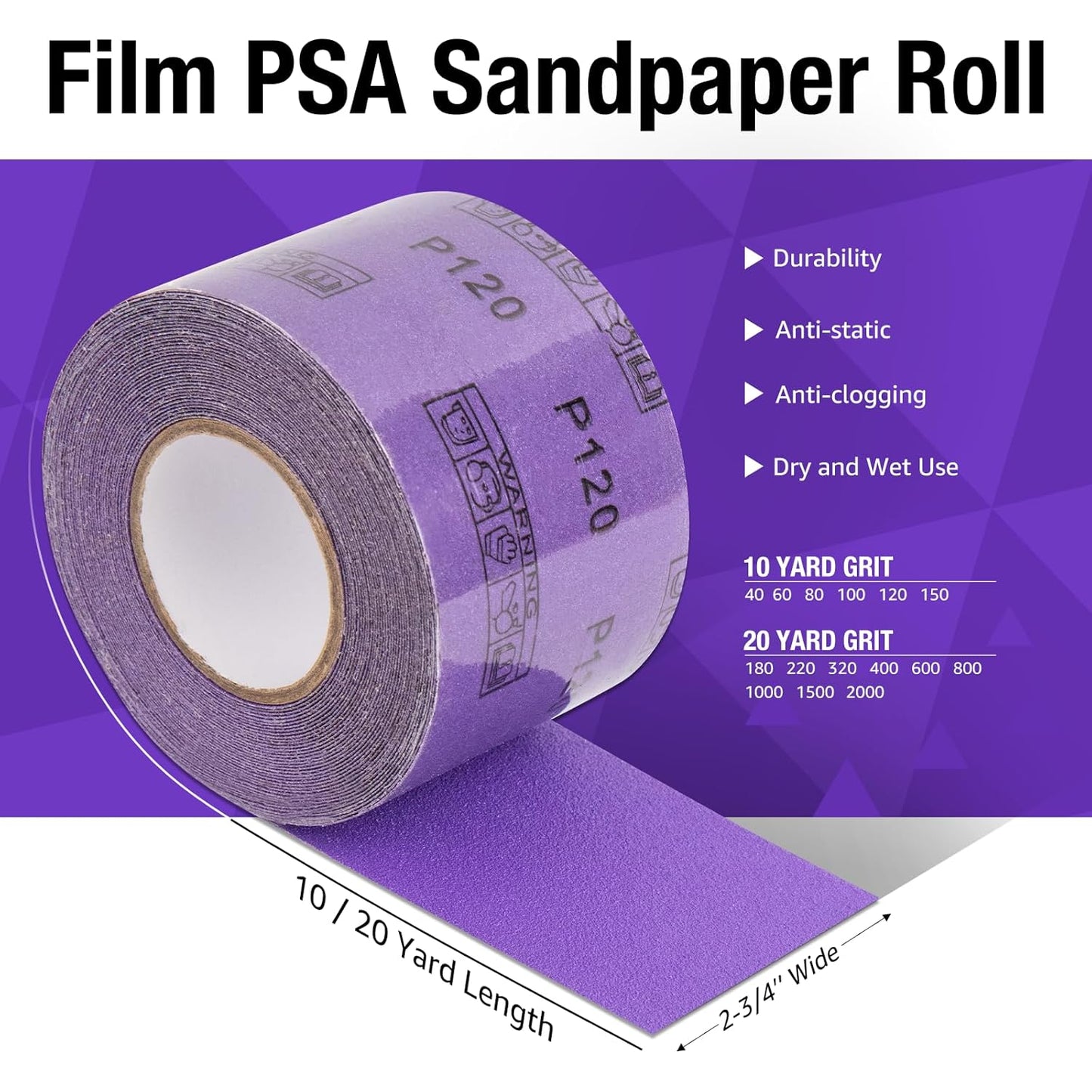 1500 Grit PSA Purple Film Ceramic Sandpaper Roll, 2-3/4" Wide Continuous 20 Yard Longboard Sanding Roll Wet Dry Sanding Blocks Self Adhesive Sticky Back Sanding Sheets for Woodworking Automotive