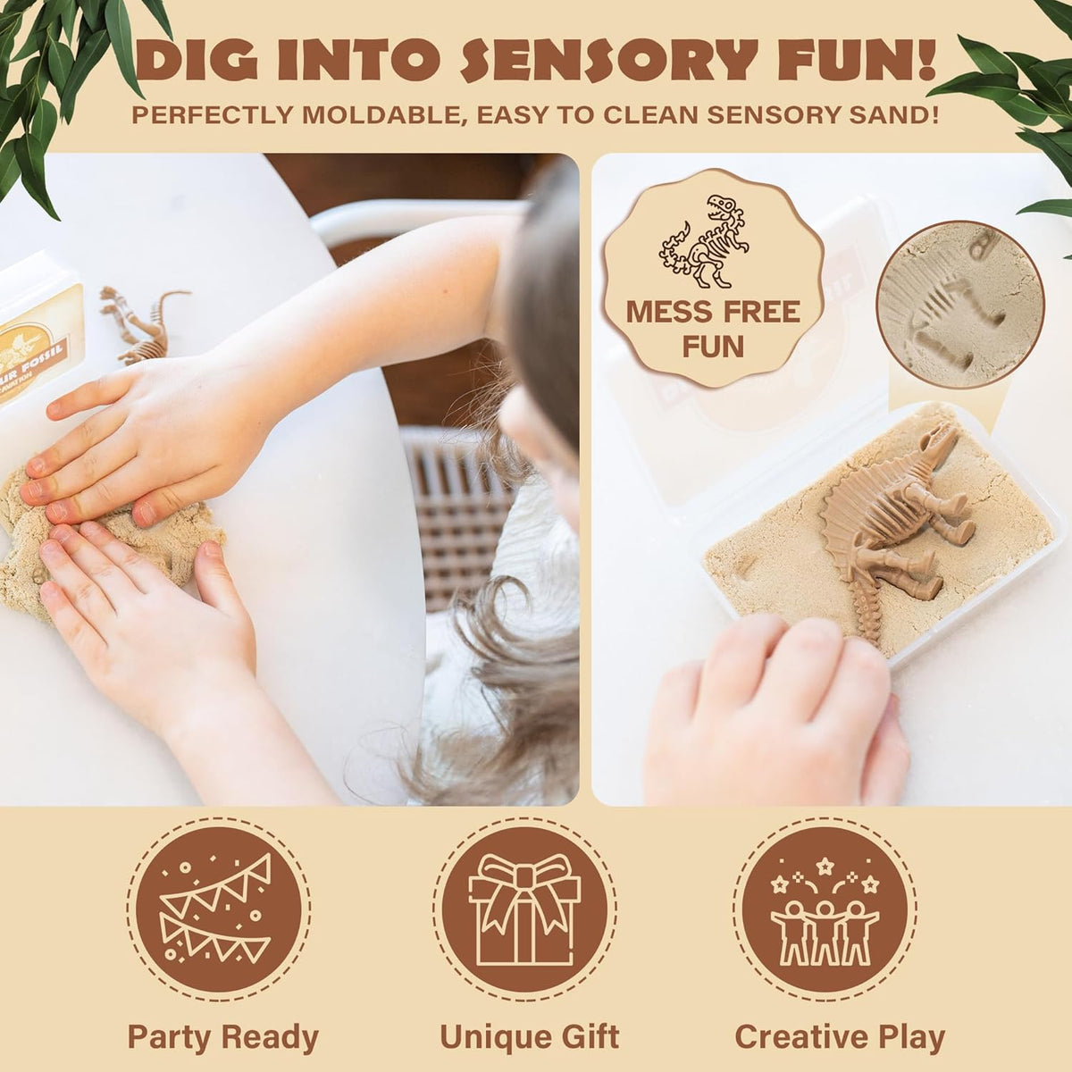 Dinosaur Party Favors for Kids Pack of 10 - Dinosaur Fossils & Quartz Sand Jars - Sensory Sand for Kids to Dig Up Dino Bones - Includes Customizable Dino Decorations, Cupcake Toppers & Labels