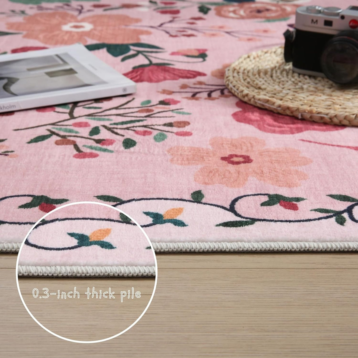 Rugcomf Bedroom Rug 3x5 Rug Washable Area Rug Non Slip Low Pile Boho Floral Small Carpet for Bedroom, Bedside, Kitchen, Entryway, Kids Room, Office, College Dorm Essentials for Girls(Pink)