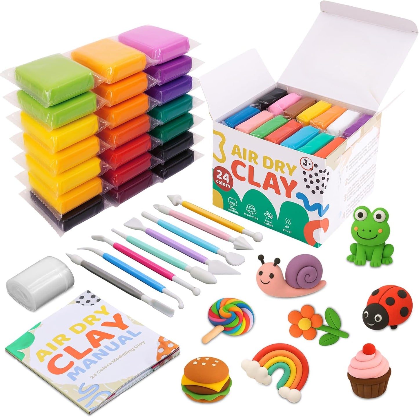 Air Dry Clay Kit – 24 Colors Soft Lightweight Air Clay for Kids & Adults, DIY Molding Clay with 8 Sculpting Tools & 60 Page Tutorial Booklet – Non Toxic Airdry Clay, Modeling Clay Air Dry for Crafts