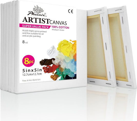 PHOENIX Small Stretched Canvas for Painting 5x5 Inch/8 Value Pack, 8 Oz Triple Primed 5/8 Inch Profile 100% Cotton White Blank Canvas, Square Framed Canvas for Oil Acrylic & Pouring Art