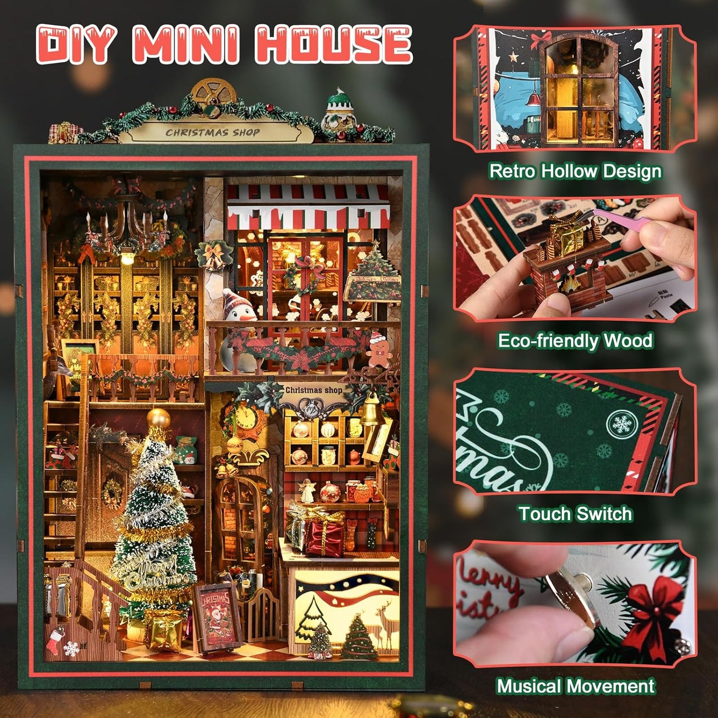 Book Nook Kit - DIY Miniature Dolls House Kit with Furniture and LED Light, 3D Puzzle Wooden Art Bookends, Model Kits for for Adults and Teens (Christmas Shop)