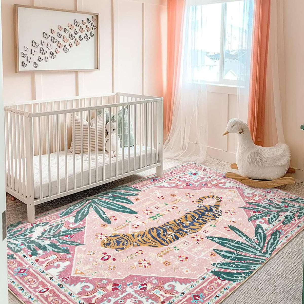 Washable Pink Rugs Boho Vintage Tropical Jungle 8x10 Area Rugs Tribal Oriental Carpet for Bedroom Kitchen Dining Living Room Office Distressed Indoor Cute Nursery Rug
