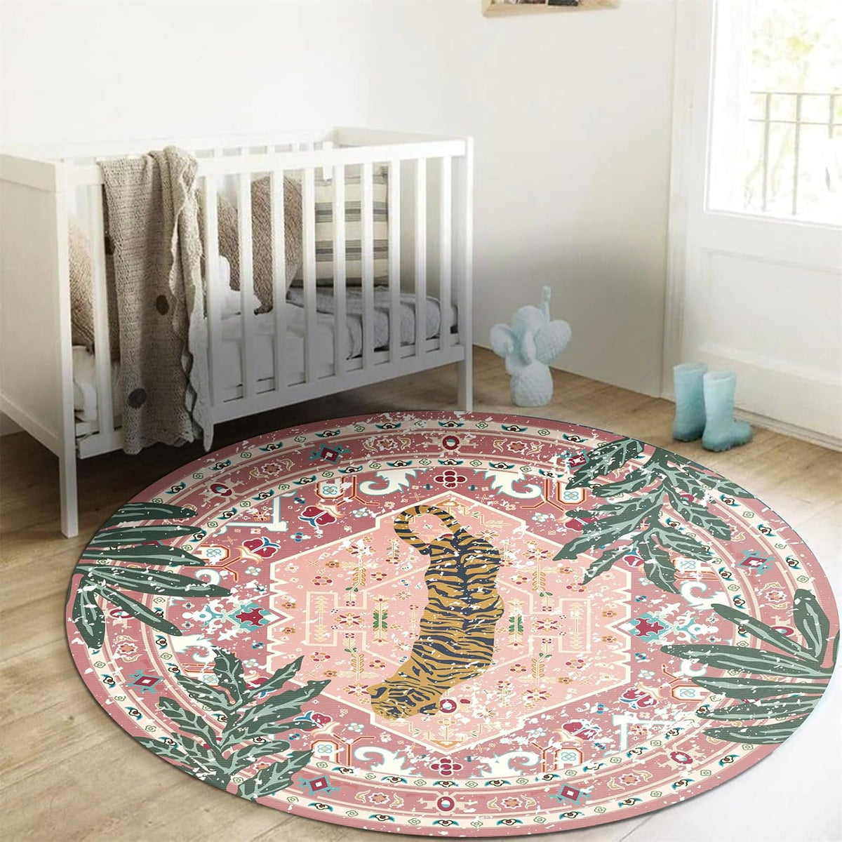 Washable Pink Rugs Thin Oriental Boho Vintage Cute Tropical Leopard 4ft Round Area Rugs for Bedroom Kitchen Dining Living Room Office Indoor Entryway Distressed Nursery Circle Carpet